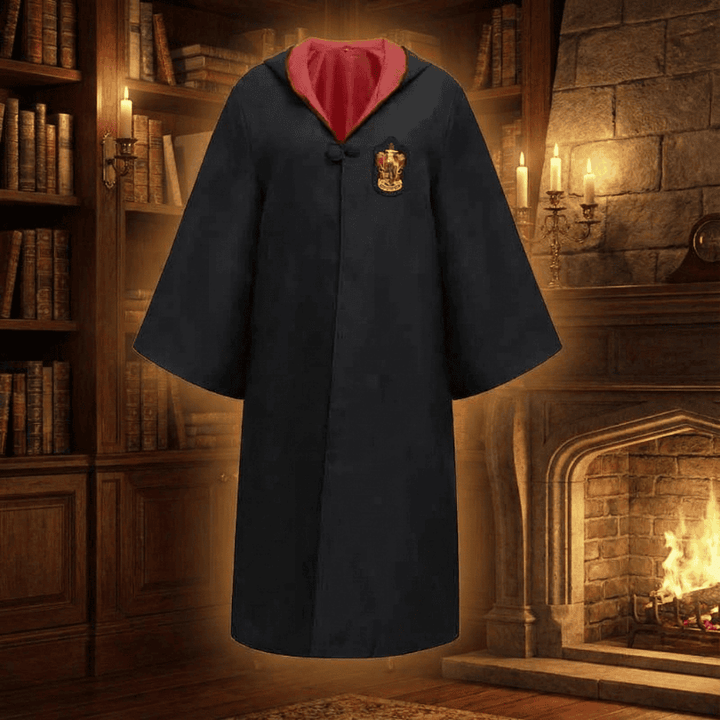 Unisex black wizard robe costume for kids and adults. Perfect for magical cosplay, Halloween, or fantasy parties.