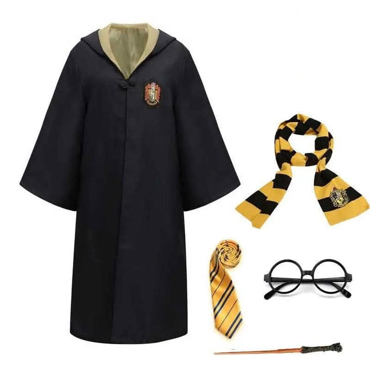 Cosplay-ready wizard robe, black, unisex, for adults & kids. Excellent for Halloween, parties, and school plays.