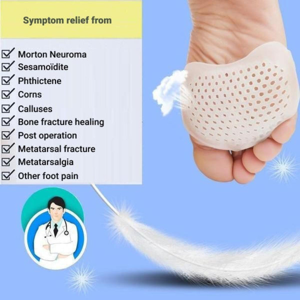 Washable gel metatarsal pads for foot pain relief, providing soft forefoot cushioning & support.