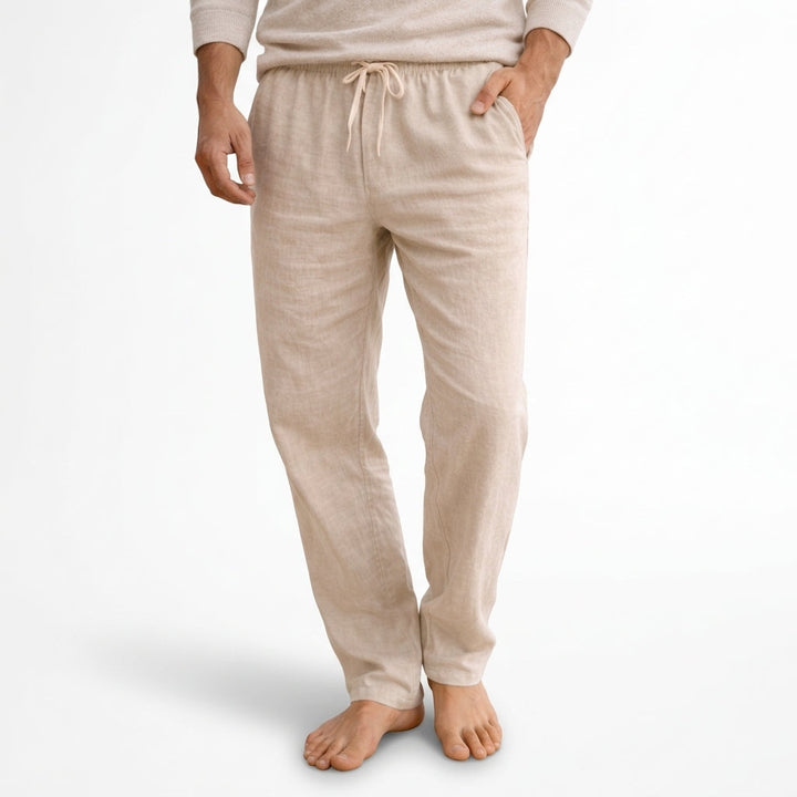 Unisex breathable linen trousers with a comfortable drawstring waist, perfect for casual summer wear.