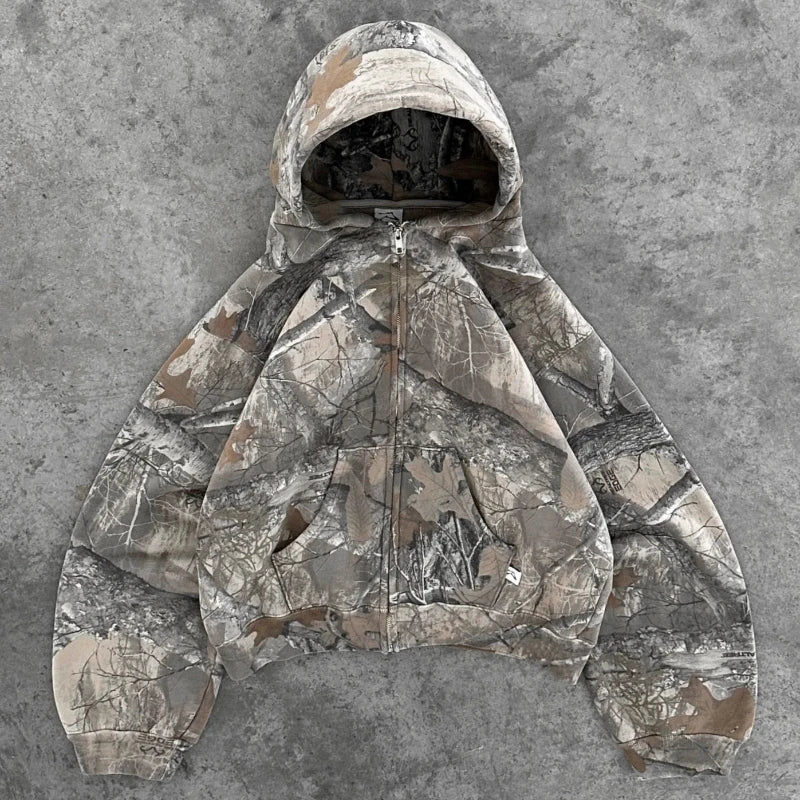 "Unisex camo streetwear hoodie with tactical print, front view. Urban and outdoor style, men's jackets and coats collection."