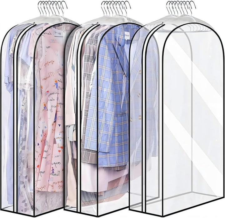 Unisex clear PEVA garment covers for clothes protection, 6-pack. Essential wardrobe organizer.