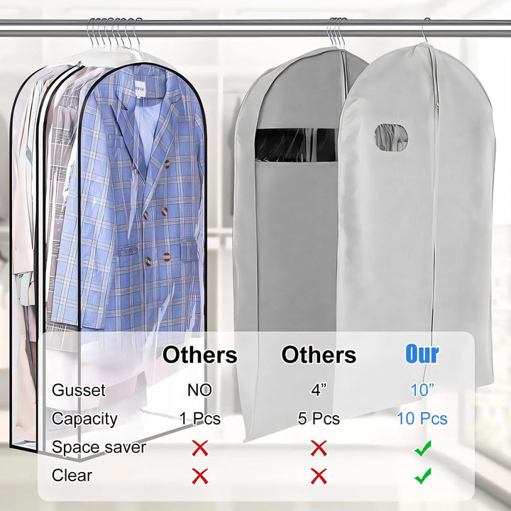 Clear closet solution: 6-pack of unisex garment covers for suits, dresses, shirts.