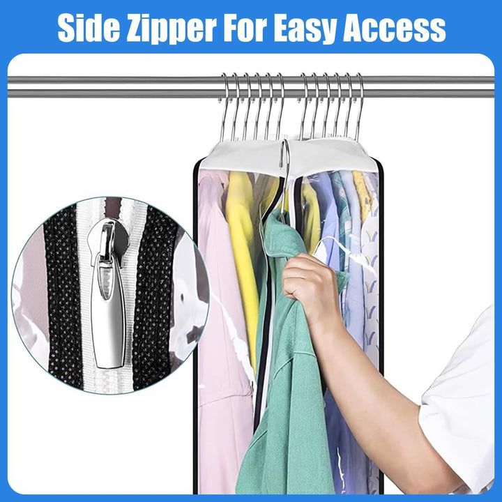 Unisex 6-pack clear garment bags for dustproof clothes storage. View garments easily.