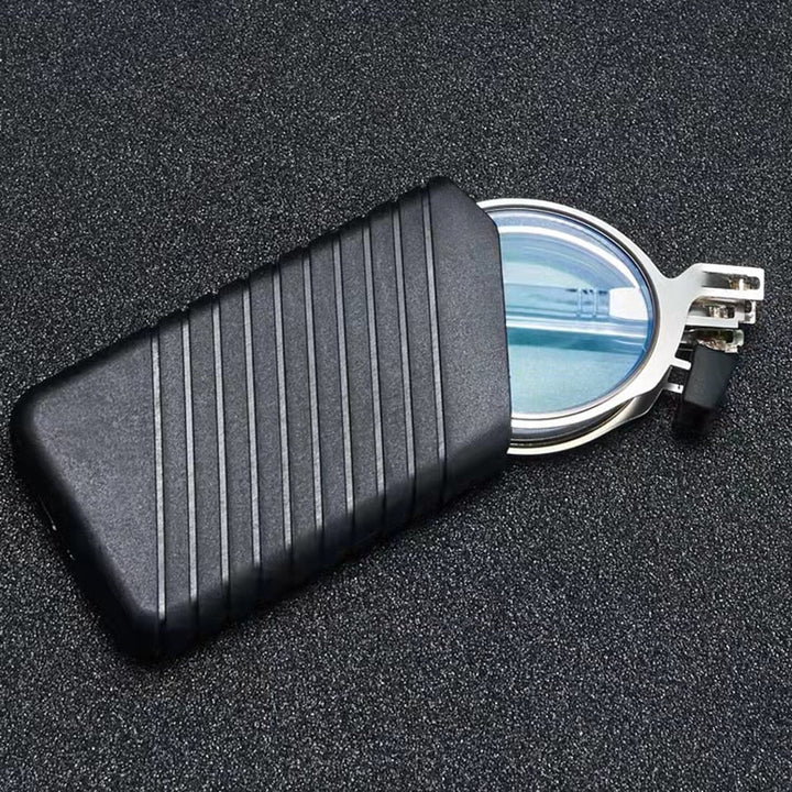 Compact foldable reading glasses with blue light filter for clear vision & eye protection on the go.