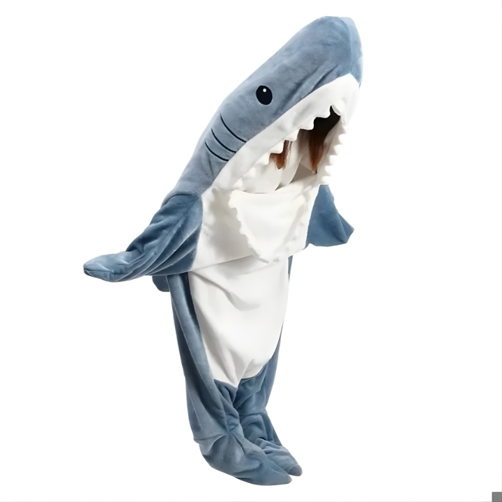 Unisex cozy shark wearable blanket hoodie for adults. Features grey shark design, fins, and open mouth hood. Soft loungewear.