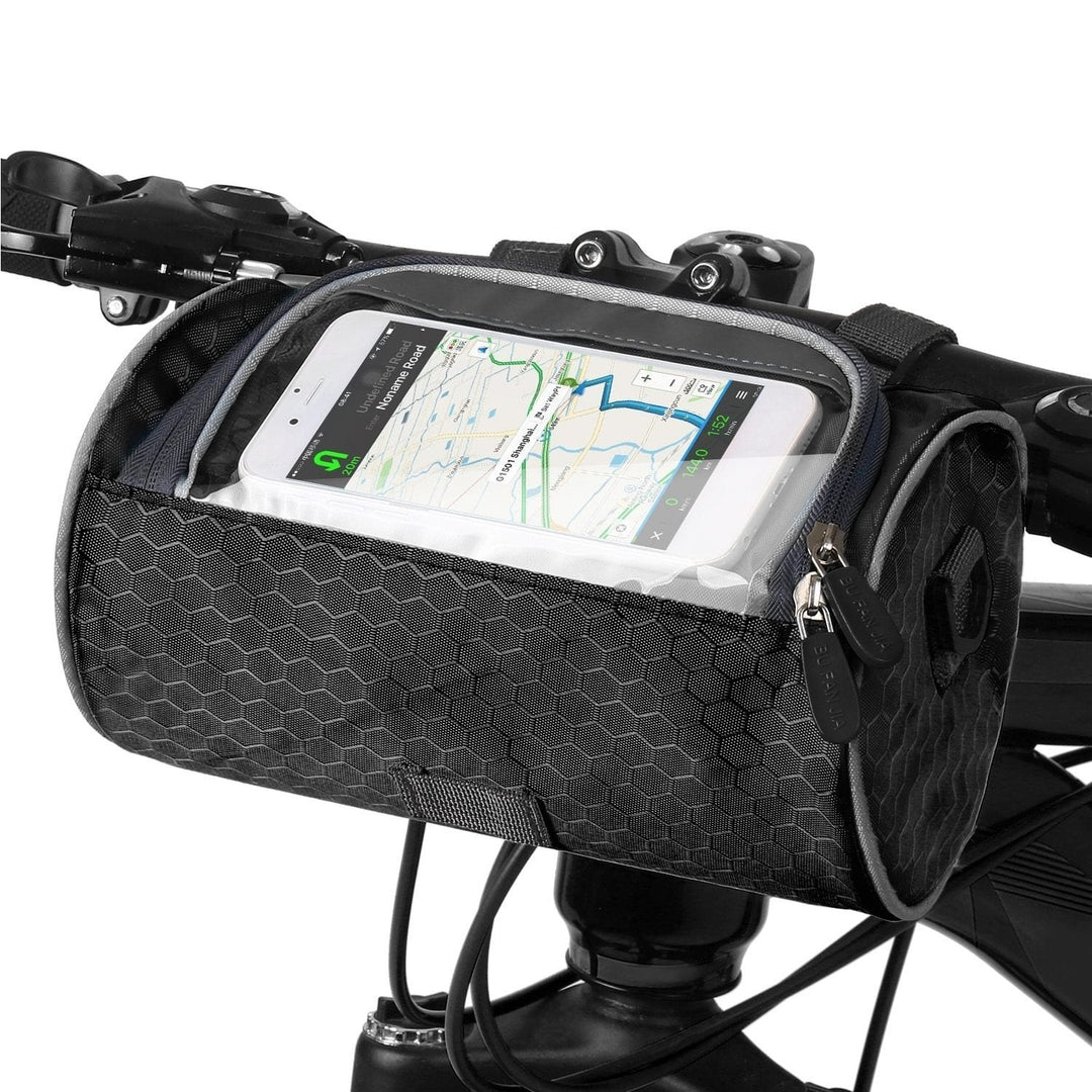 Unisex cycling handlebar bag with clear phone pocket for easy navigation. Water-resistant bike accessory.