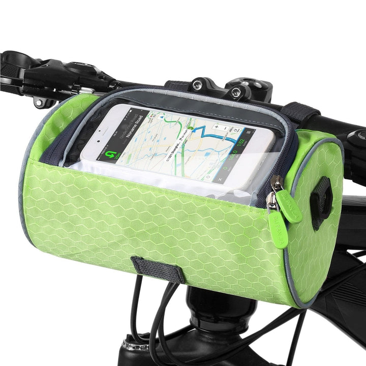 Essential bicycle gear: handlebar bag with a touchscreen phone holder for safe cycling.