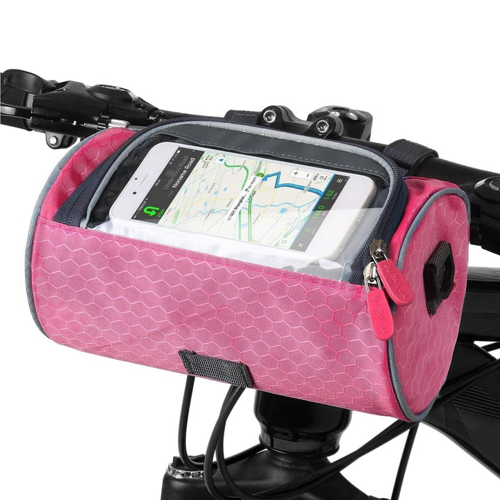 Travel bike bag, water-resistant. Mounts on handlebars with an integrated phone pocket.