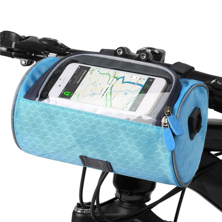 Cycling storage solution: front bike bag with transparent phone pocket for easy viewing.