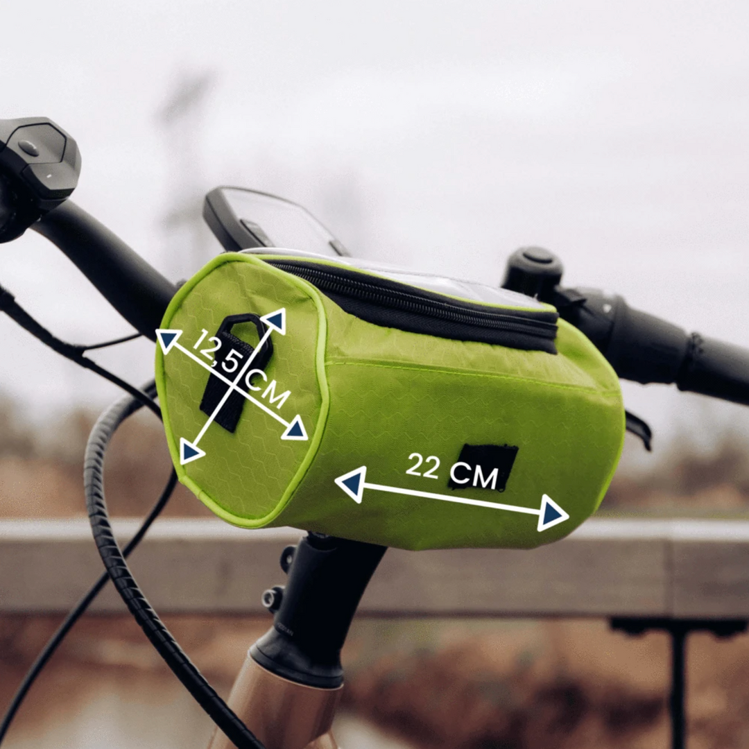 Handlebar cycling bag for convenient storage and quick phone access during rides.