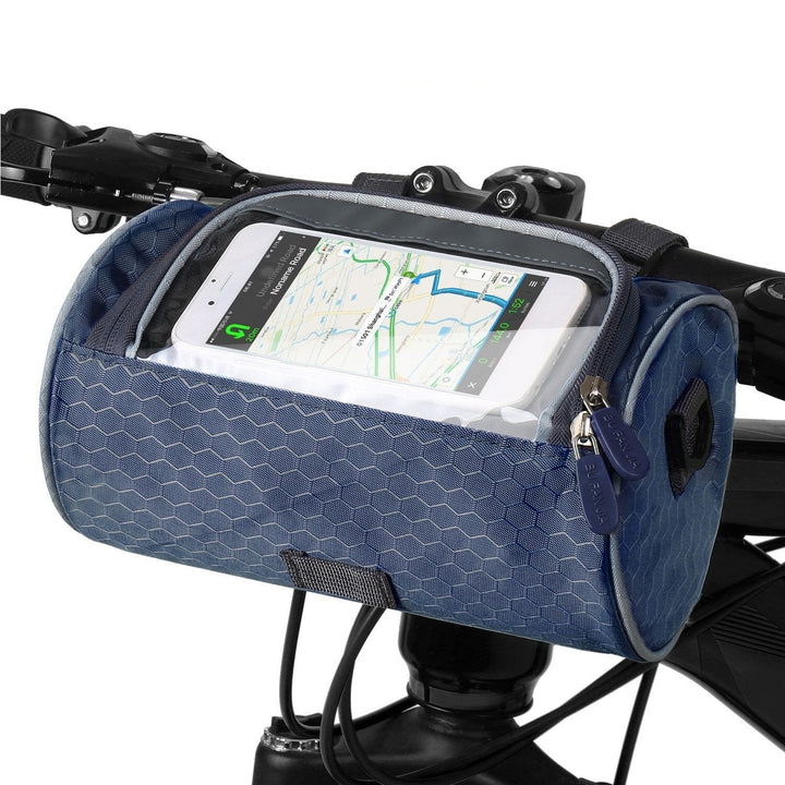 Durable bike handlebar bag, unisex design. Features clear top phone pocket for navigation.