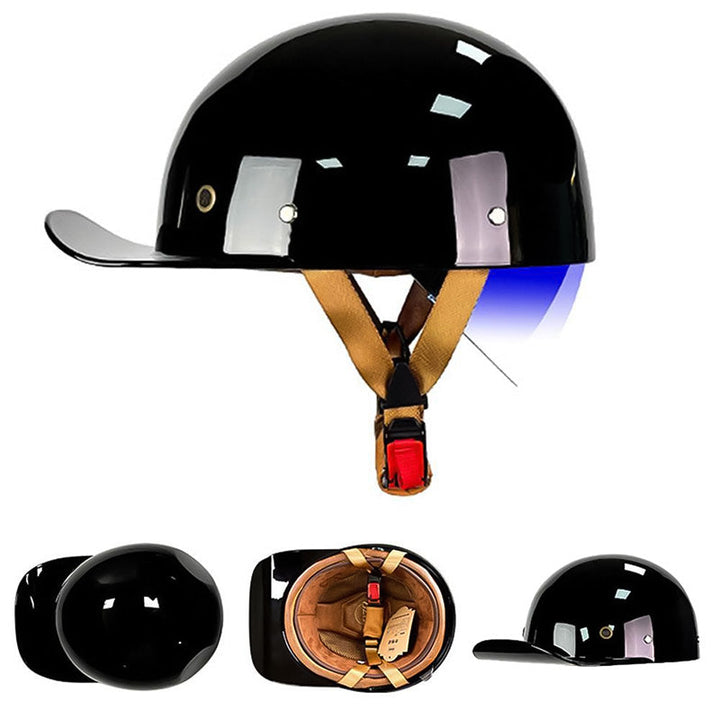 Sleek baseball half motorcycle helmet, DOT certified for unisex rider safety & style.