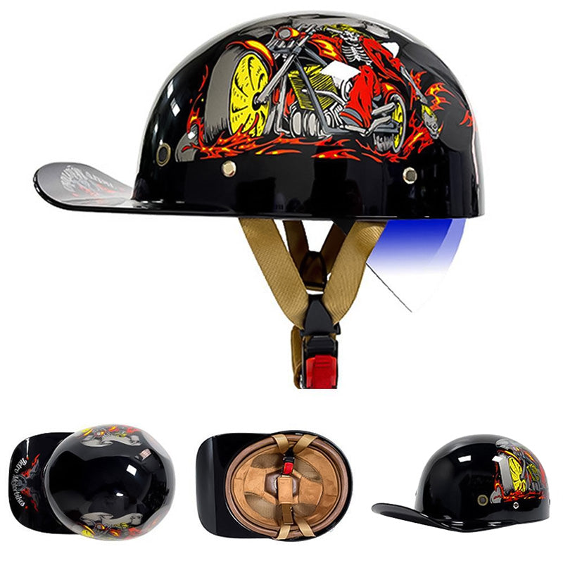 Comfortable and safe DOT approved baseball motorcycle helmet, ideal rider gear.