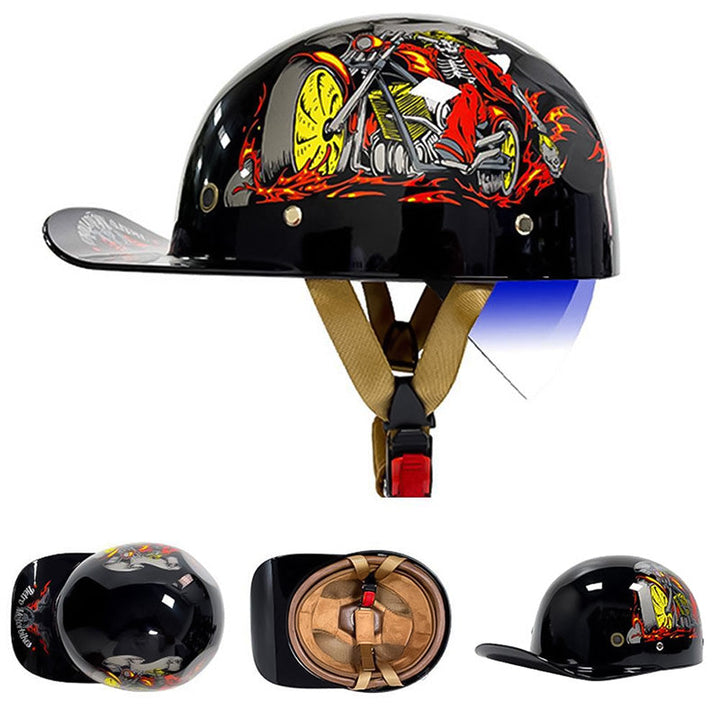 Comfortable and safe DOT approved baseball motorcycle helmet, ideal rider gear.