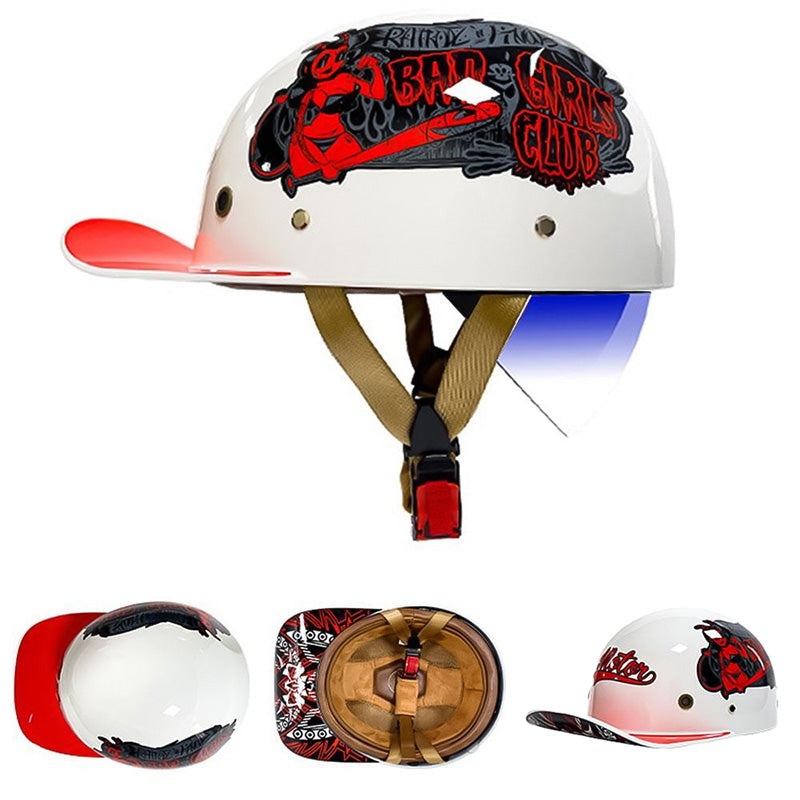 Baseball style half motorcycle helmet, DOT certified for superior rider safety & comfort.