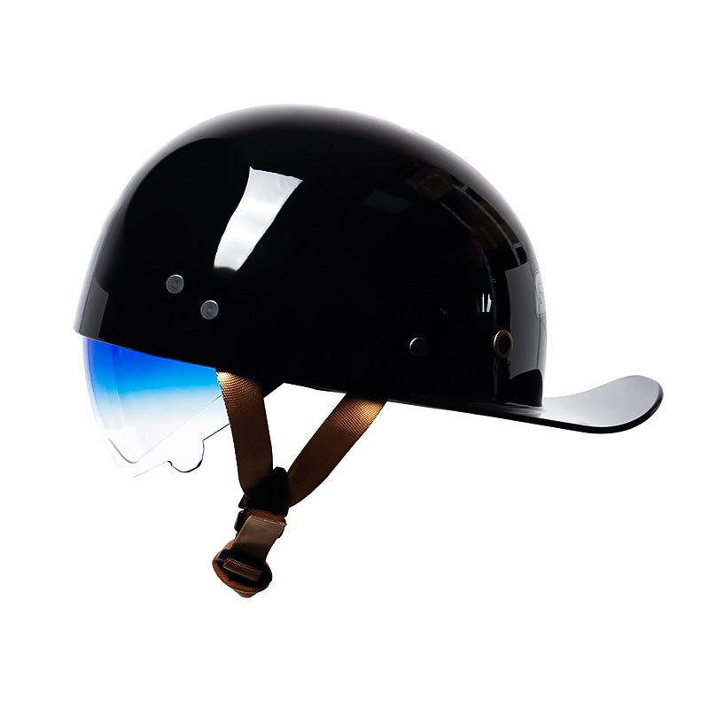 Black DOT approved baseball motorcycle helmet, perfect protective gear for riders.