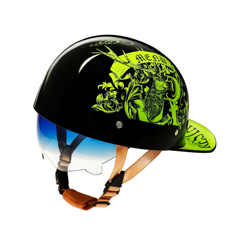 Baseball style motorcycle half helmet, DOT certified for ultimate riding safety & protection.