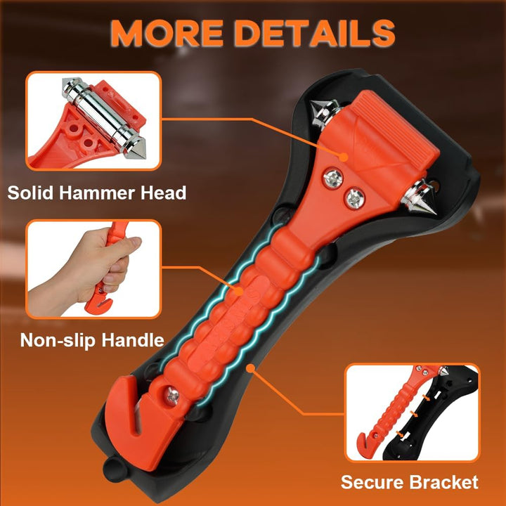 Close-up of a dual car safety hammer with integrated seatbelt cutter for quick vehicle escape. Essential road safety tool.