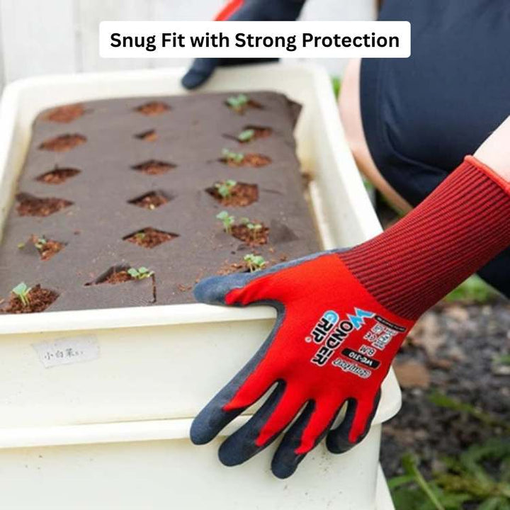 Flexible nitrile coated work gloves, breathable & comfortable for unisex gardening tasks and durable hand protection.