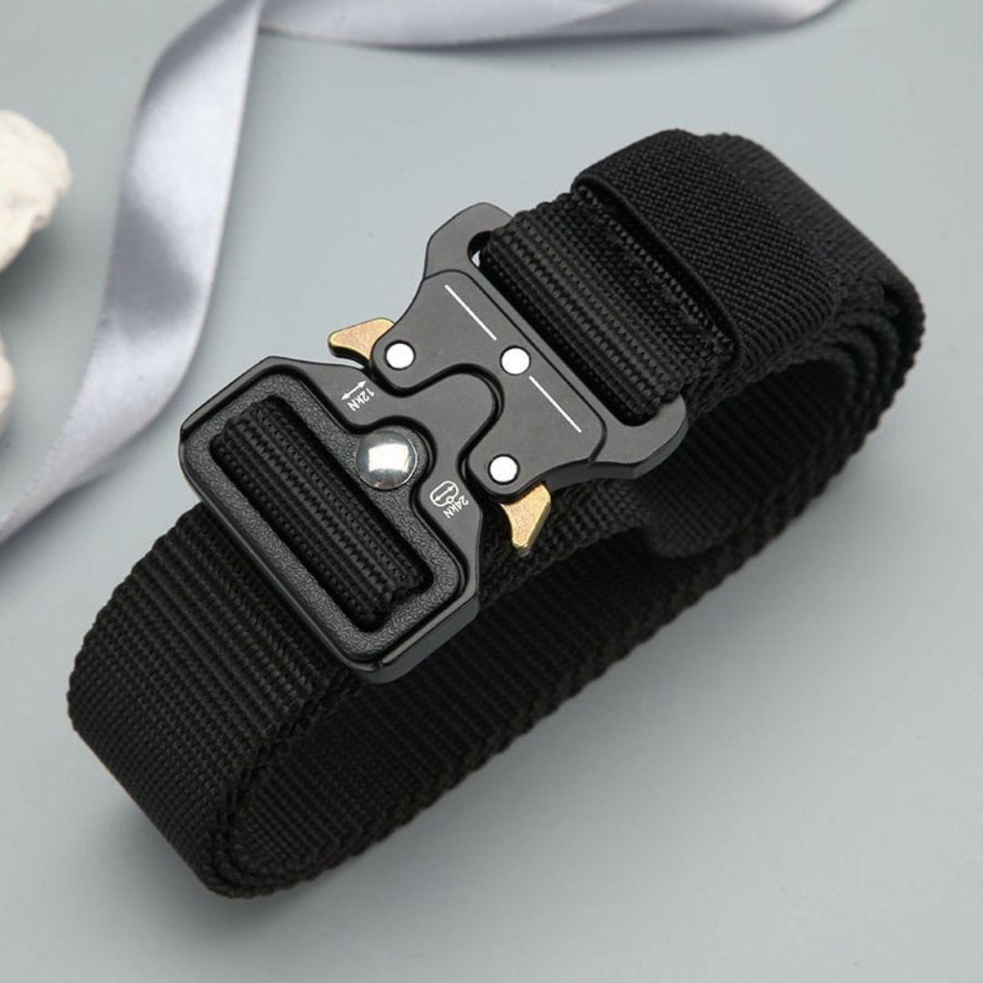 Unisex durable nylon tactical belt with quick-release buckle, perfect for outdoor adventures & hiking.