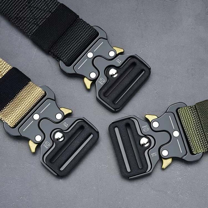 Quick-release tactical belt, unisex design in durable nylon, ideal for outdoor sports & hiking.