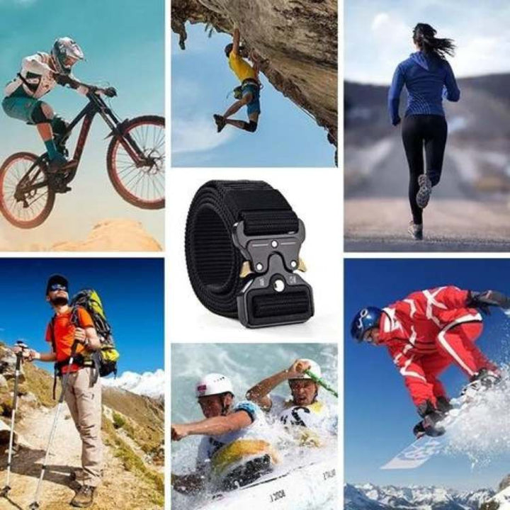 Outdoor adventure belt, durable nylon tactical design, unisex, perfect for hiking and everyday wear.
