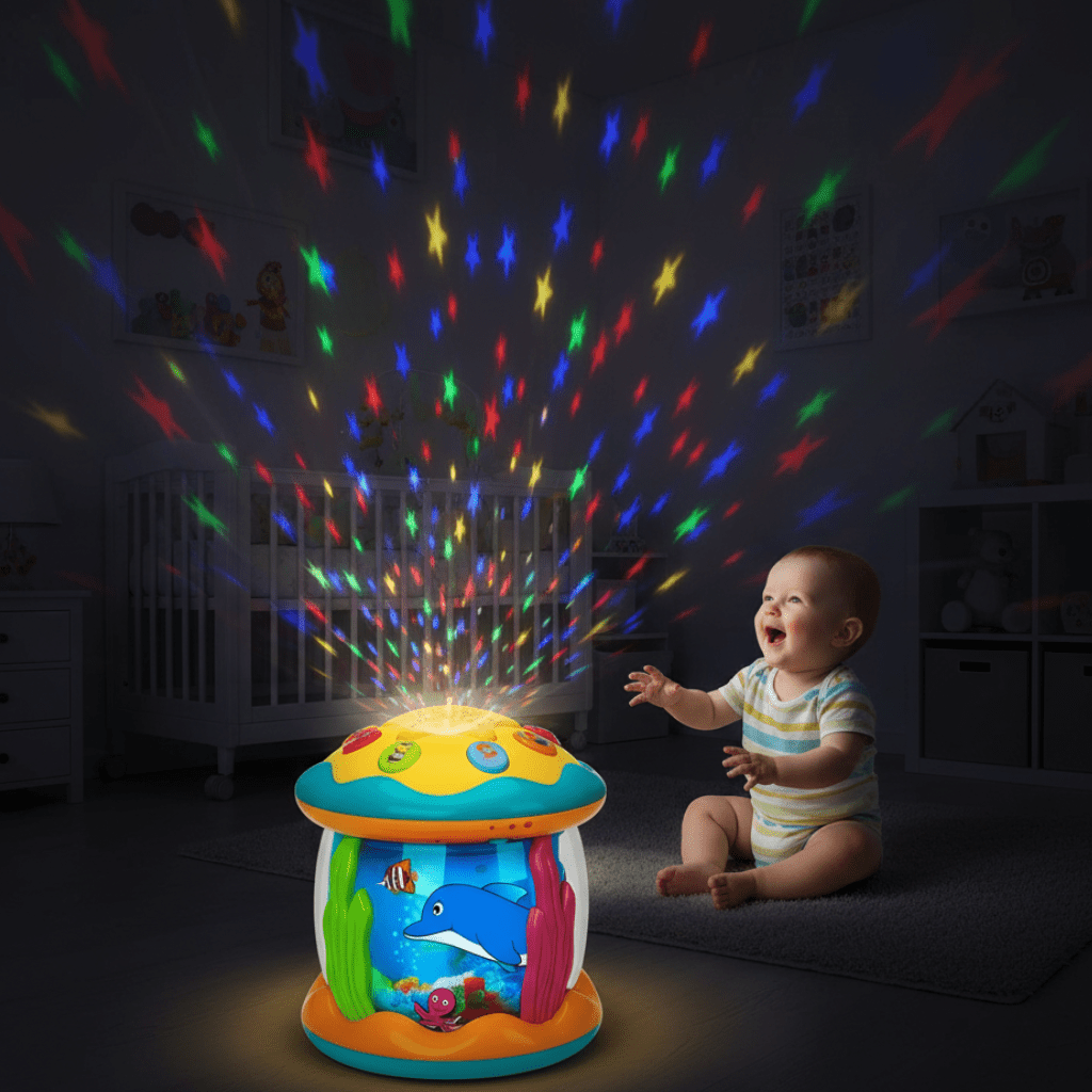Unisex enchanting baby toy drum with colorful lights & sounds for sensory and musical play.