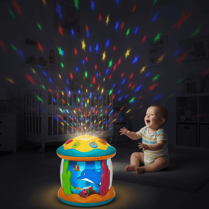 Unisex enchanting baby toy drum with colorful lights & sounds for sensory and musical play.