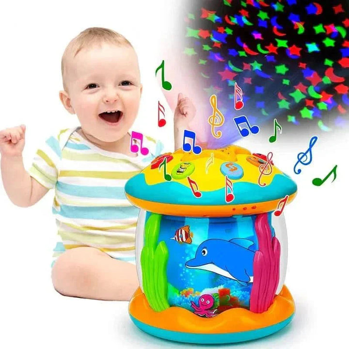Vibrant baby drum with interactive lights, sounds, and music, perfect for toddler sensory play.
