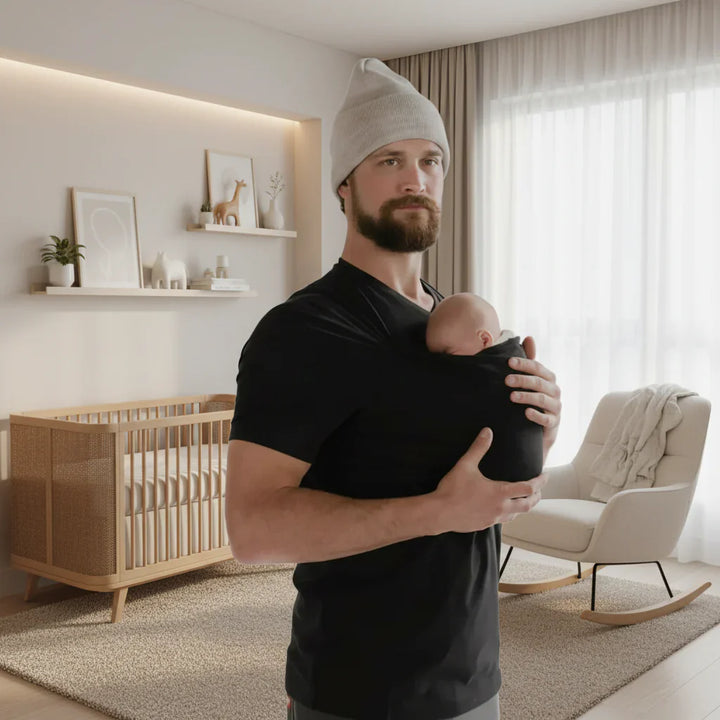 Stylish ergonomic baby gear: a unisex t-shirt carrier designed for comfortable, hands-free parenting convenience.
