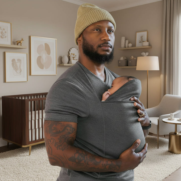 Close-up of a soft, comfortable unisex baby carrier t-shirt, ideal for ergonomic and hands-free infant carrying.
