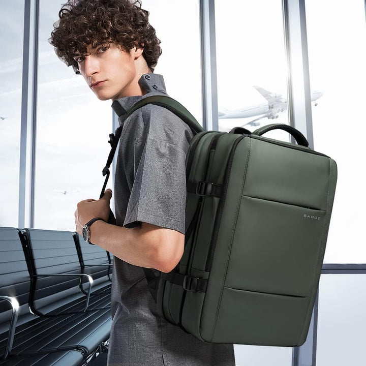 Unisex expandable travel backpack, 26-45L, waterproof, with secure laptop sleeve.