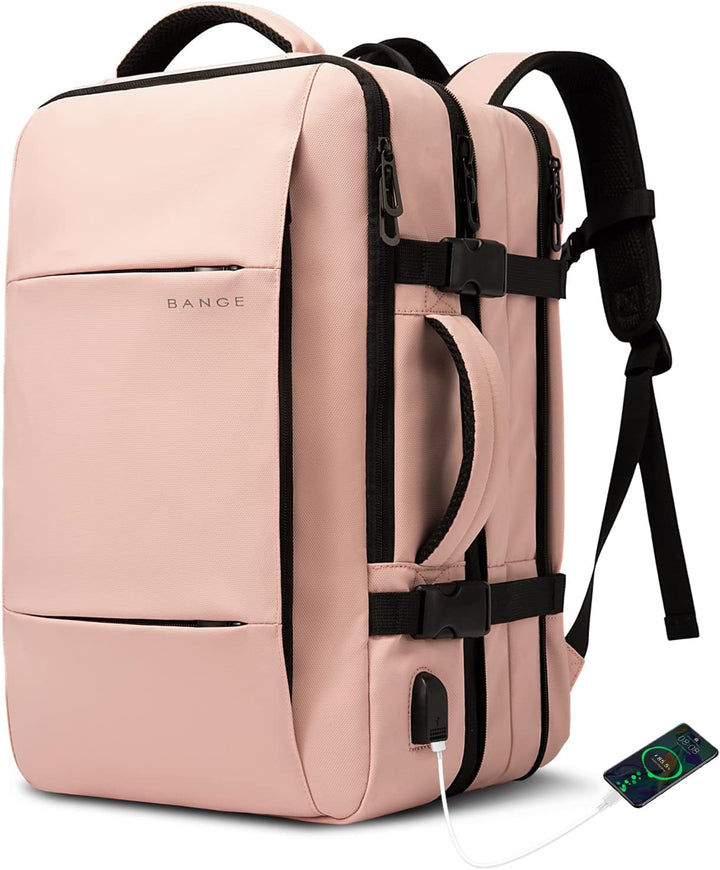 Compact carry-on backpack, 26-45L expandable, perfect for secure air travel.