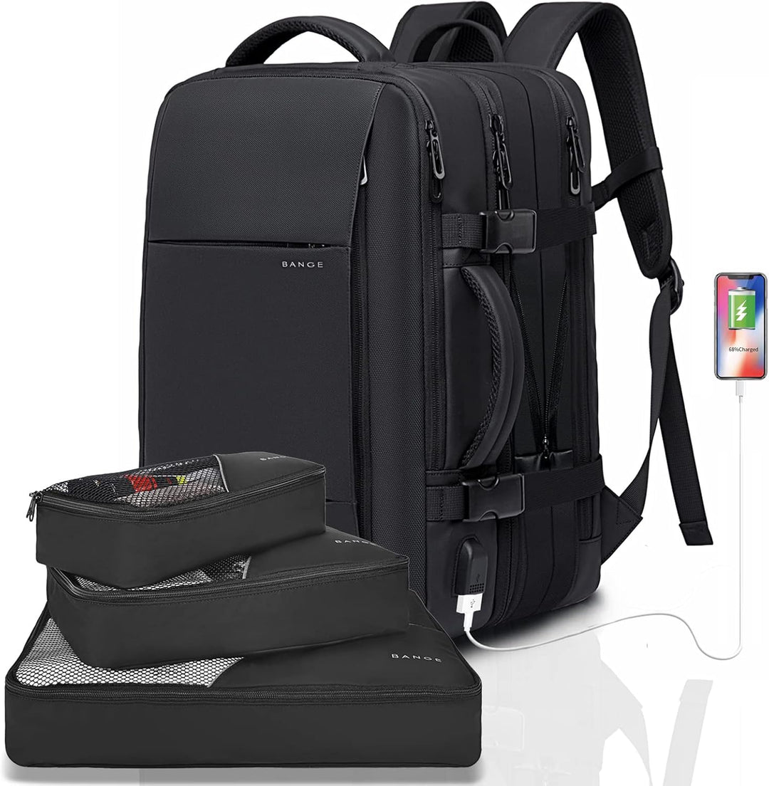 Expandable laptop backpack, 26-45L, waterproof, for men & women travelers.