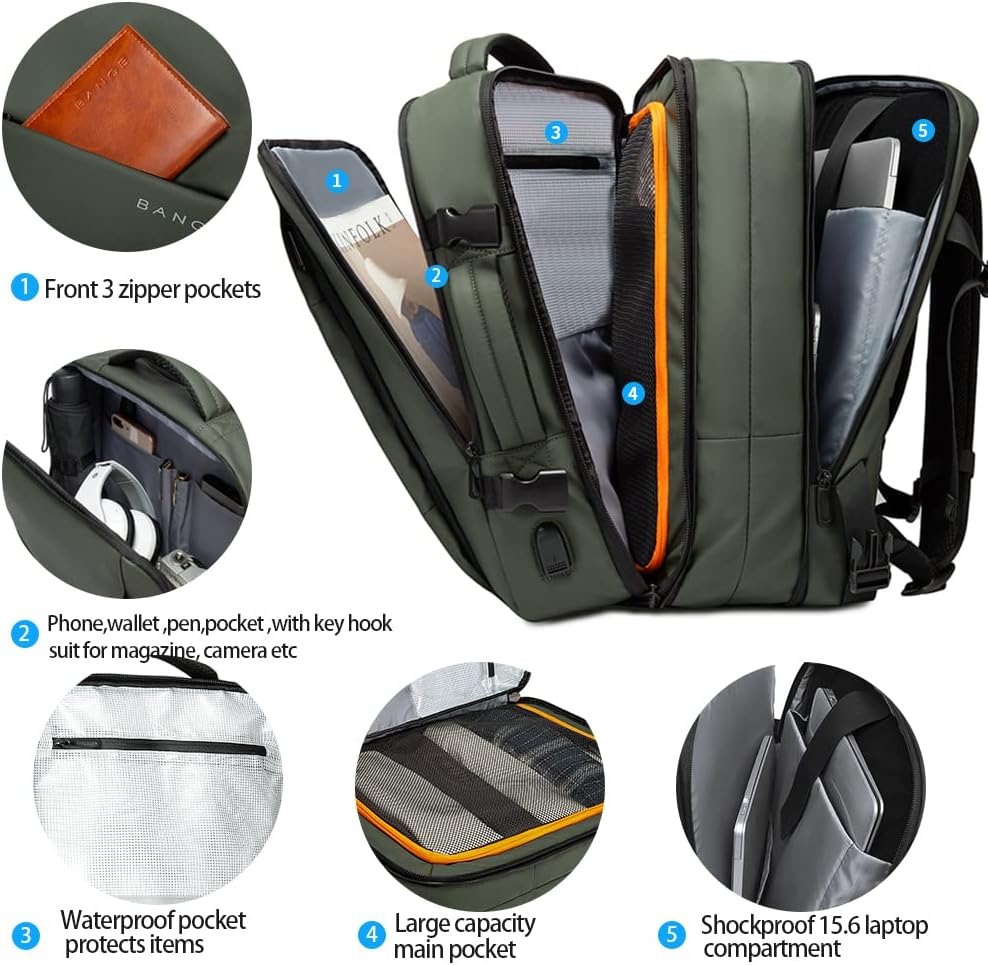 Spacious waterproof travel backpack, 26-45L, carry-on approved for convenience.