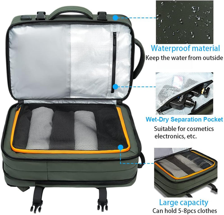 Expandable carry-on backpack, 26-45L, waterproof, perfect for weekend getaways.