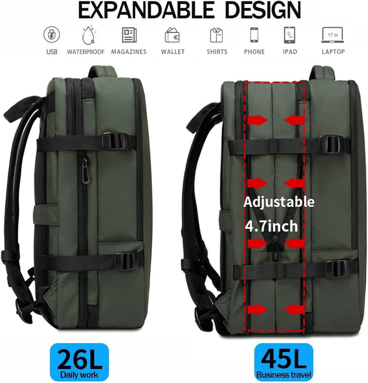 Unisex travel bag, 26-45L, waterproof, convertible for duffle carry option.