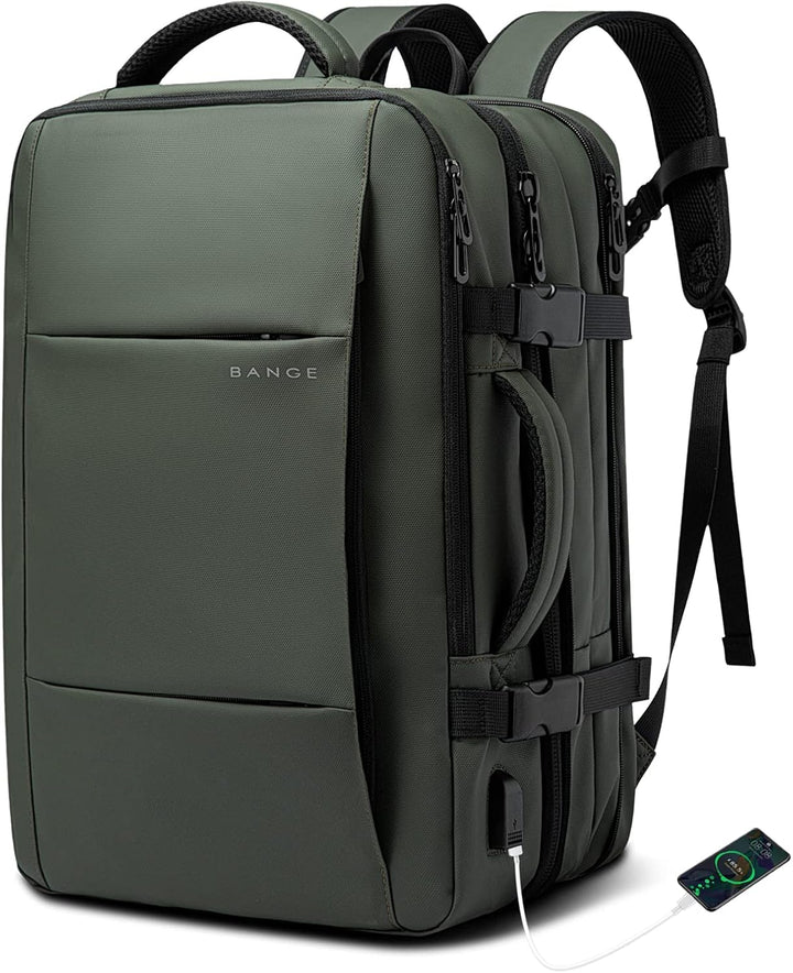Smart expandable travel backpack, 26-45L, waterproof, for tech-savvy travelers.