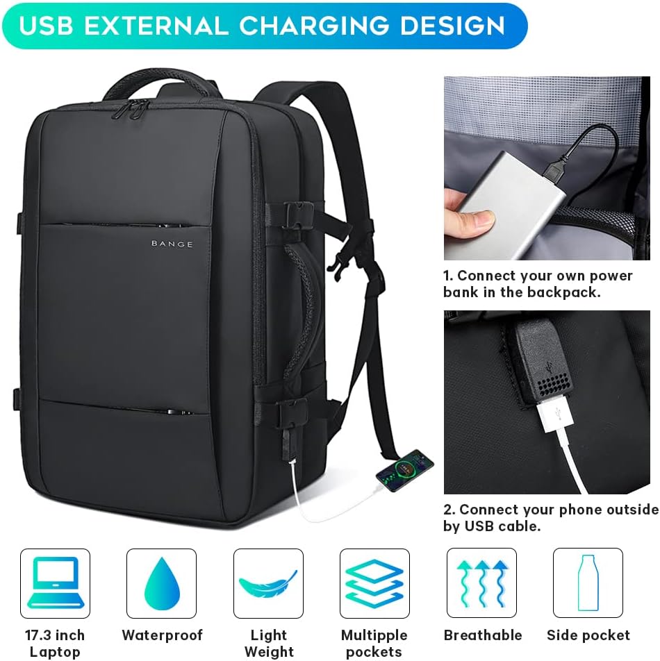 Secure expandable 26-45L backpack, waterproof, for stress-free international travel.