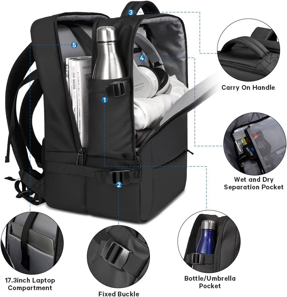 Ergonomic waterproof travel backpack, 26-45L, expandable, unisex design & comfort.