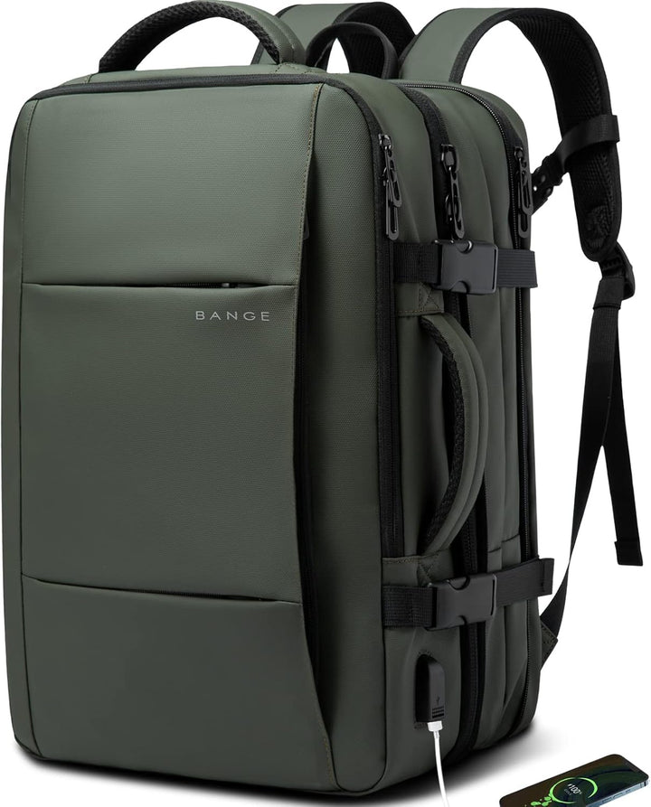 Secure adventure gear: expandable travel backpack, carry-on approved, waterproof.