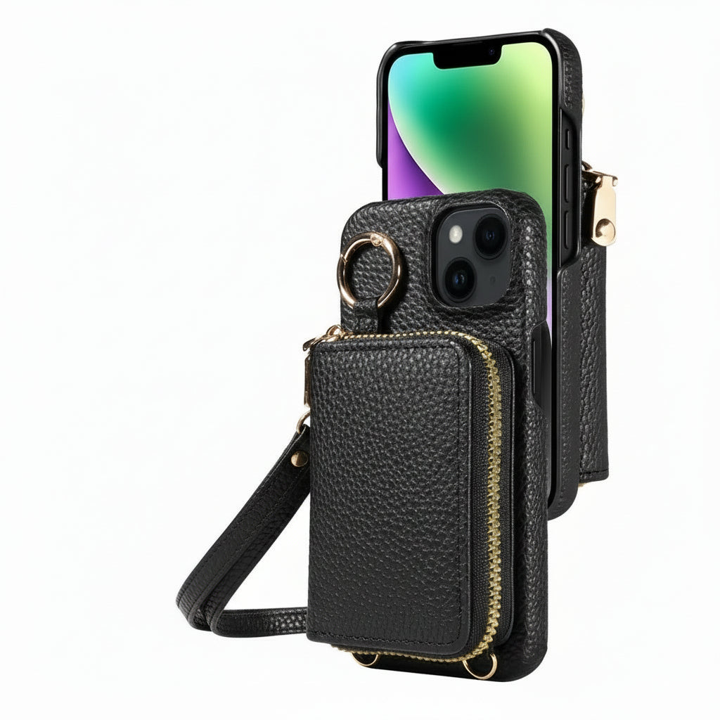 Stylish phone wallet case, black leather, protecting iPhone with card holder and secure zip pocket.
