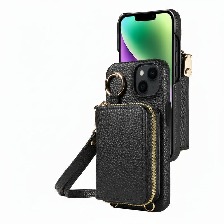 Stylish phone wallet case, black leather, protecting iPhone with card holder and secure zip pocket.