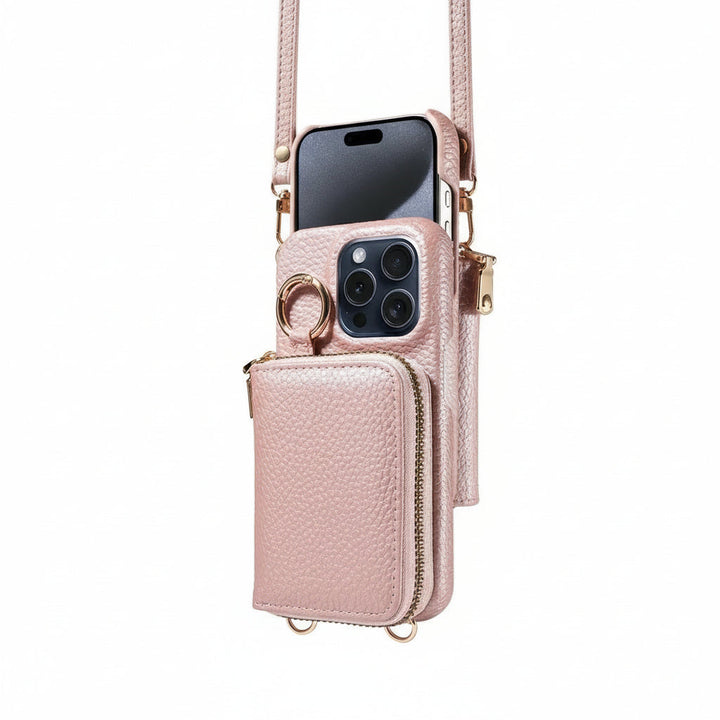 Premium unisex leather iPhone case, built-in card slots & zipper pocket. Ideal phone protection accessory.