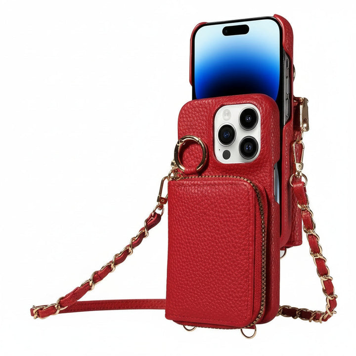 Genuine leather iPhone case featuring card holders, a zipper pouch, and a convenient detachable lanyard.