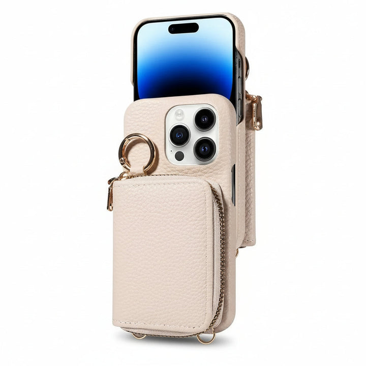 Elegant leather iPhone wallet case in black with credit card slots, cash zipper, and phone protection.