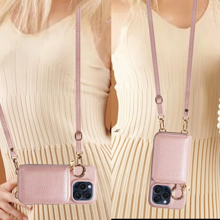 Unisex genuine leather iPhone accessory: phone wallet with card slots, zipper closure, and sturdy protection.