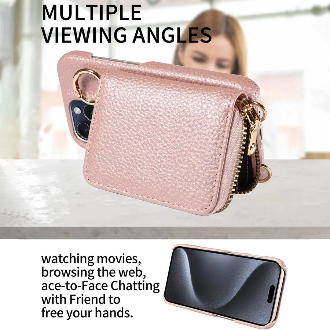 Multifunctional leather iPhone wallet case, perfect for cards, cash, and phone security, with zipper.