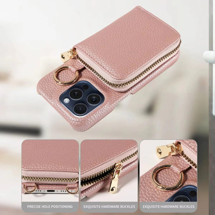 Sleek black leather phone wallet with card holder, zipper, and full iPhone protection for men & women.